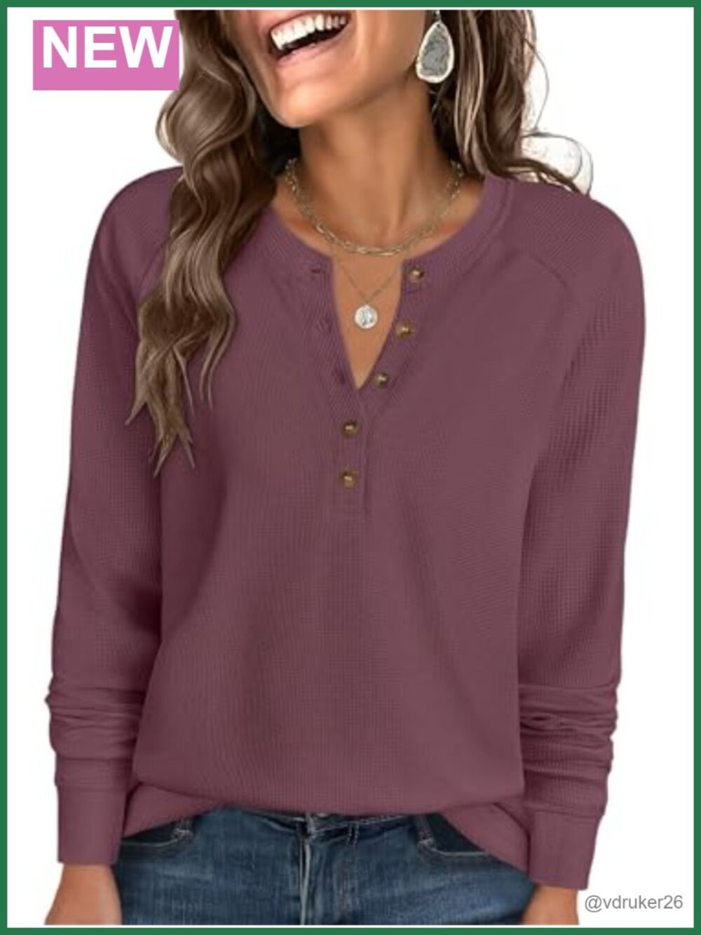 Women's Waffle Knit Henley Top Long Sleeve Button V Neck Loose Fit Shirt